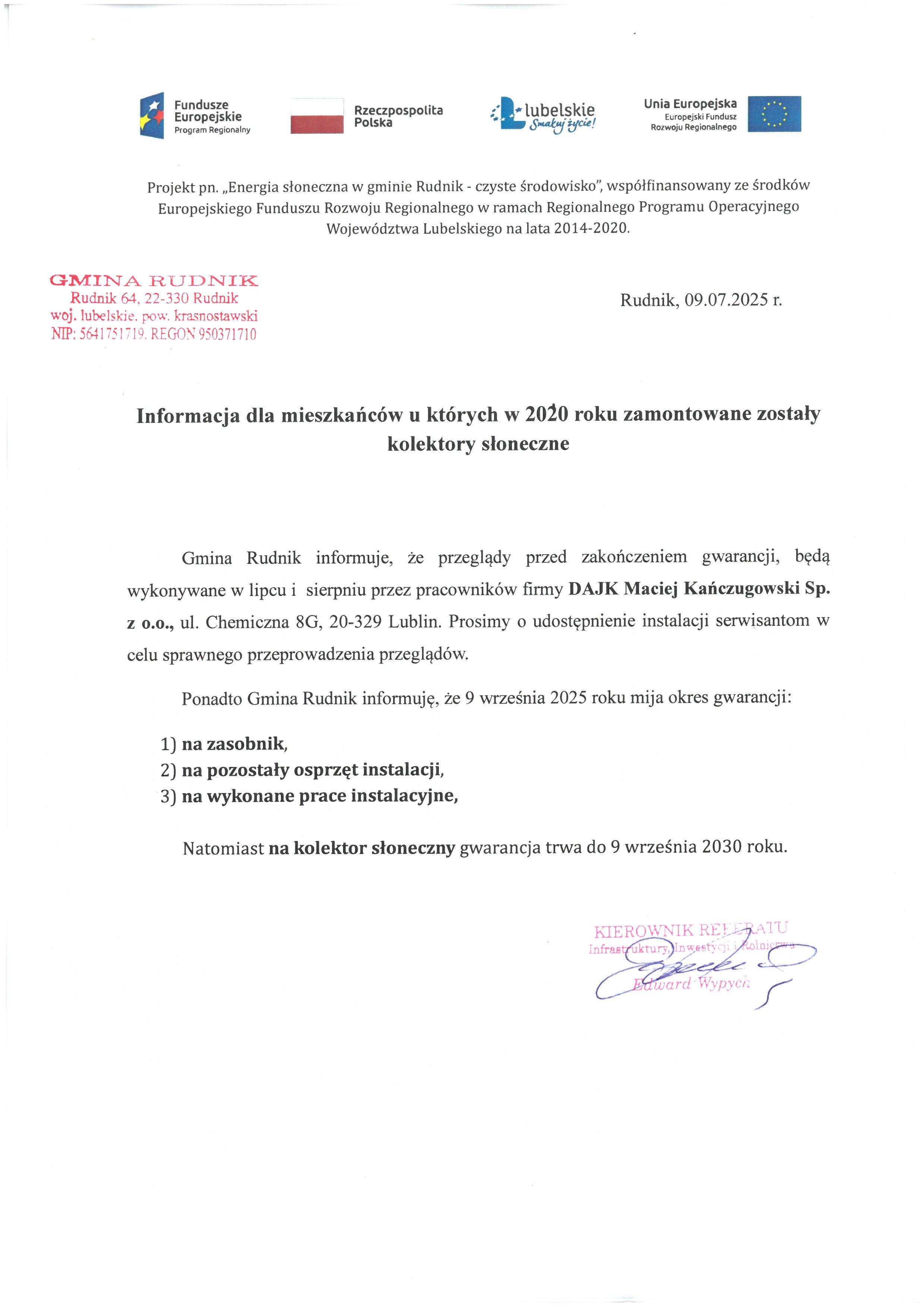 Informacja dla mieszkańców u których w 2020 roku zamontowane zostały kolektory słoneczne